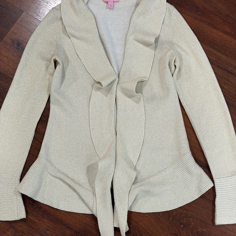 Lilly Pulitzer women's metallic open front cardigan Cashmere blend Sz XS beige - Picture 8 of 8